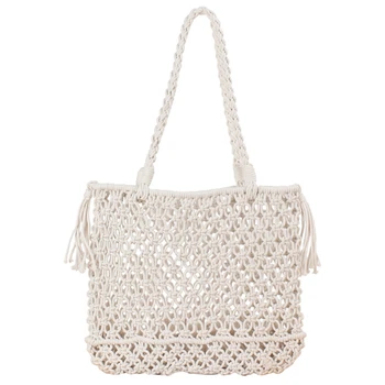 

AUAU-Fashion Hollow Straw Bag Woven Bag Forest Female Mesh Rope Weaving Tie Buckle Reticulate Net Shoulder Bag Beach Holiday B
