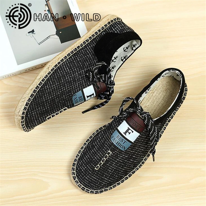 Для мужчин парусиновая обувь Slip On дышащий конопли Туфли без каблуков
