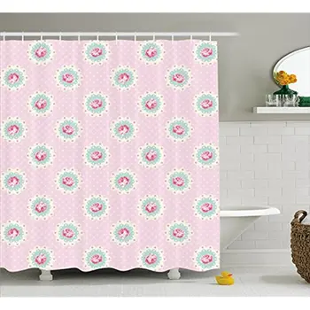 

Vixm Shabby Chic Decor Shower Curtain Retro Polka Dotted Backdrop and Floral Motifs Roses Cottage Fabric Bath Curtains