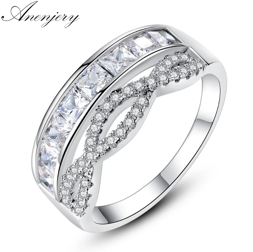 

Anenjery Luxury Silver Color Dazzling Zircon Engagement Rings For Women Micro CZ Rings anillos anel Wedding Jewelry T-R81