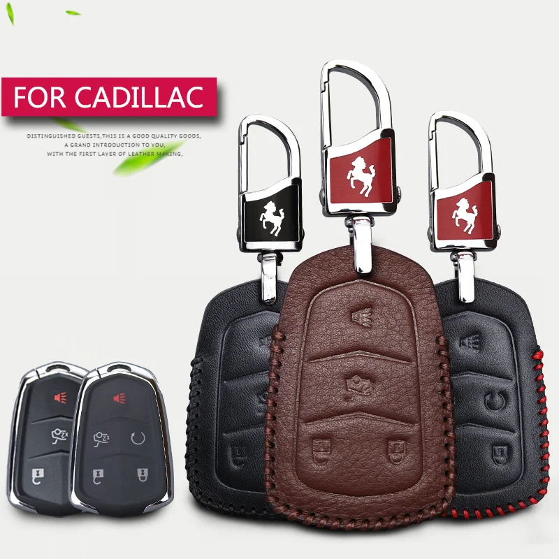 Black / Genuine Leather Car Logo Keychain Suit for Cadillac ATS CTS EXT SRX XTS XLR Sedan ELR Key Chain Keyring Family Present for Man and Woman