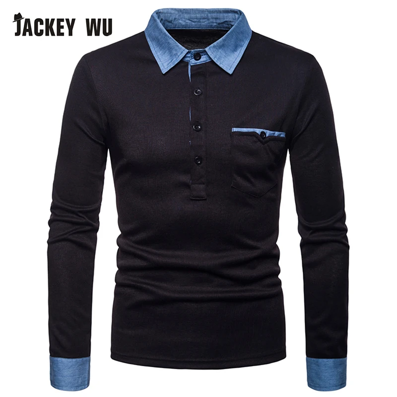 

JACKEYWU Polo Shirt Men 2019 Fashion Denim Patch Long Sleeve Tees Cotton Breathable Slim Men's Polos Black Casual Camisa Polo