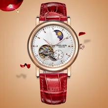 SOLLEN women automatic mechanical watches hollow female waterproof leather strap round the stars really nail Moon Phase