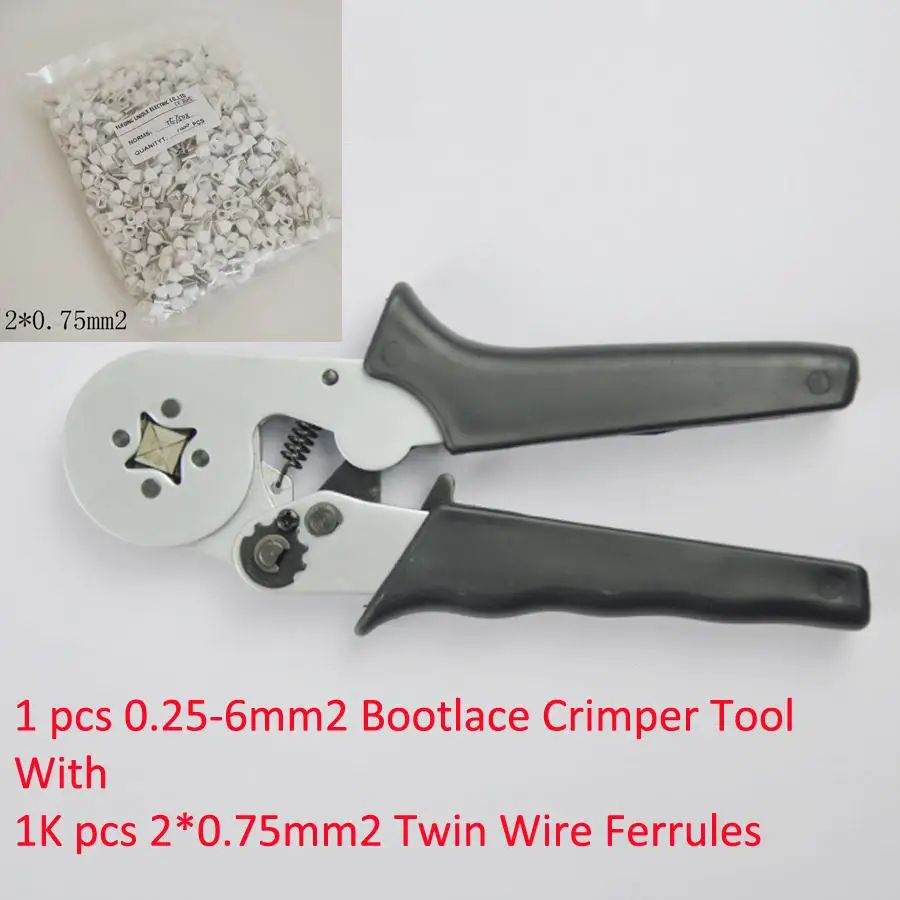 

HSC8-6-4B 0.25-6mm2 Crimping Tool Bootlace Ferrule Crimper and 1K 2*0.75mm2 White TE7508 PVC Insulated Bootlace Wire Ferrules