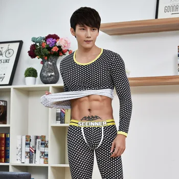 

SEEINNER Brand Men's Low-waisted Winter Thermal Underwear Suits Stars Printing Base Render Suit Long Johns
