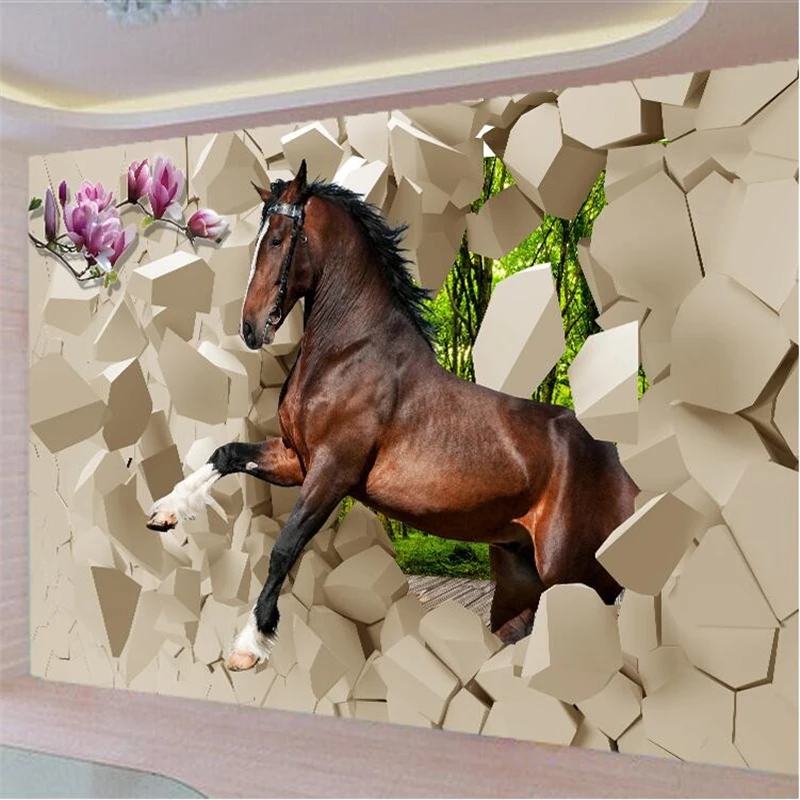 

Modern photo wallpaper 3D stereoscopic Poqiang horses galloping into the room painting the living room TV backdrop restaurant