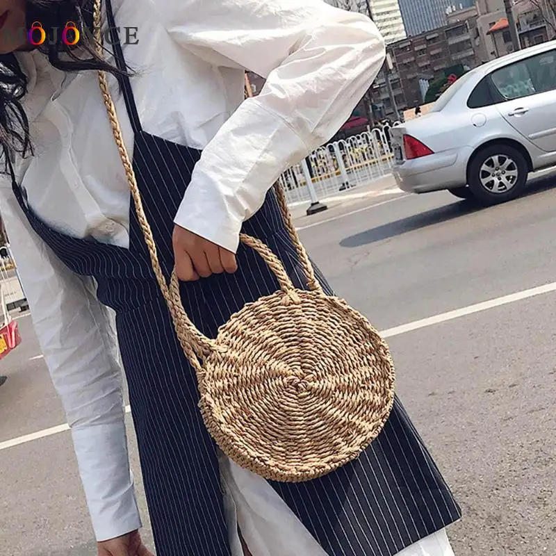 الرجعية اليدوية الروطان المنسوجة القش جولة حقيبة يد المرأة Crossbody حقيبة سيدة نسج الأعلى مقبض حقيبة شاطئية