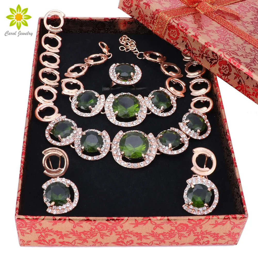 Italian Design Gold Color Jewelry Green Crystal Necklace Bracelet Earrings Ring Jewelry Sets