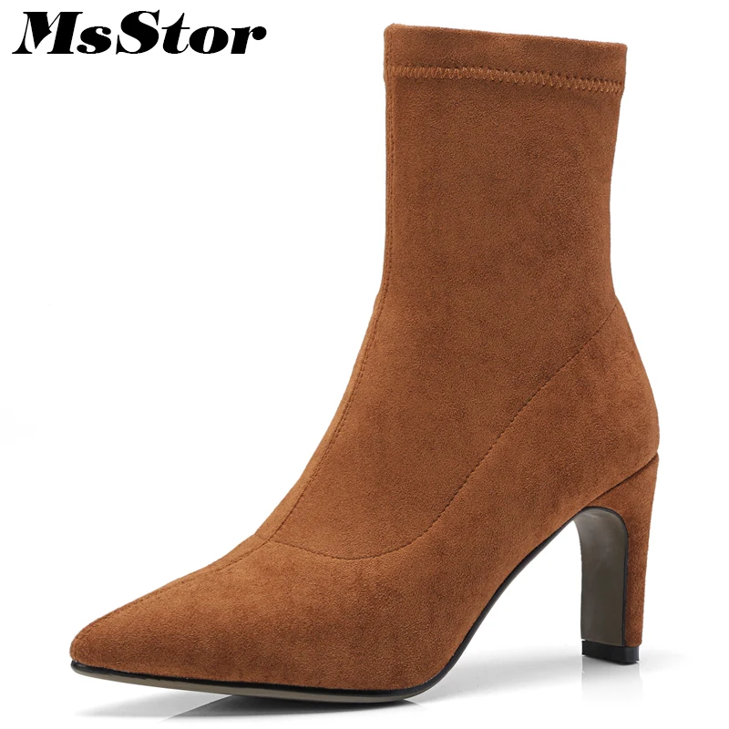 

MSFAIR Pointed Toe High Heel Women Ankle Boots Fashion Mature Concise Square heel Ankle Boots Women Shoes Slip-On Boots Women