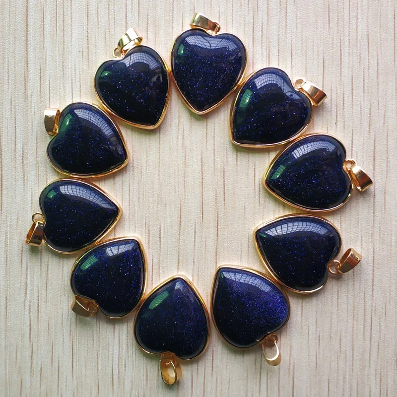 

wholesale 10pcs/lot 2019 New high quality blue sand stone gold side heart shape pendants 25mm for jewelry making free