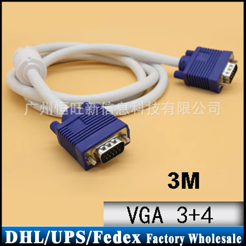 (Wholesale) 200pcs/lot 3m VGA3+4 VGA Cable Monitor Male To Male