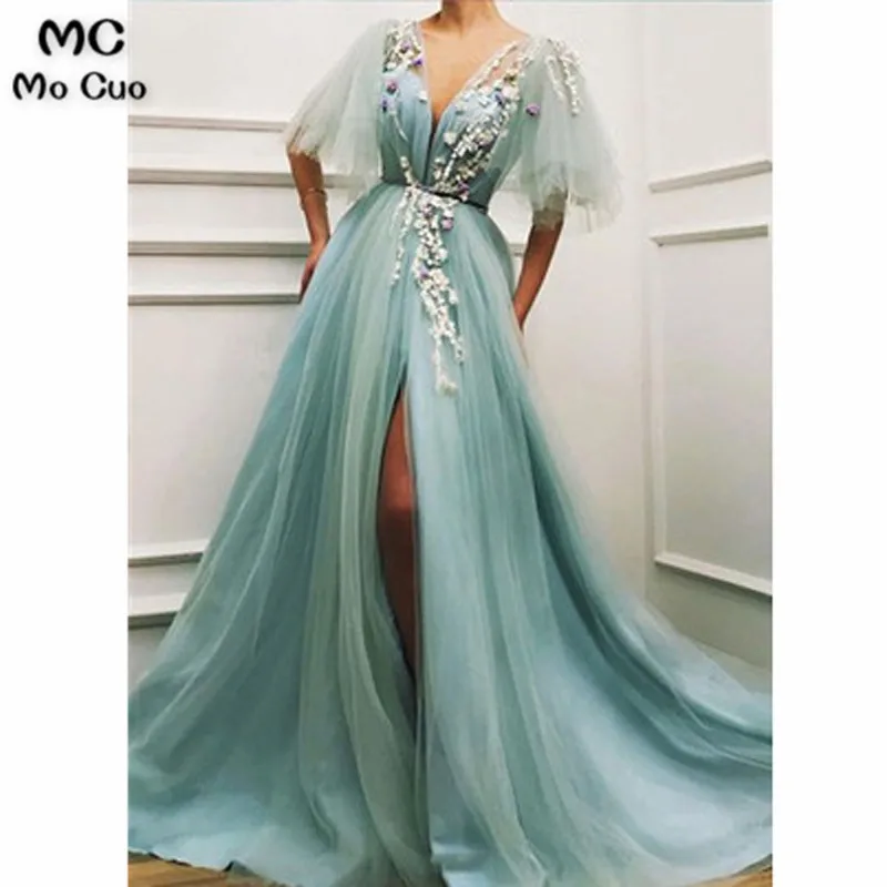 

Long prom dress 2019 with Beaded Flowers by hand Deep V Neck Front Slit Tulle Vestido de festa Women prom dresses Custom Made