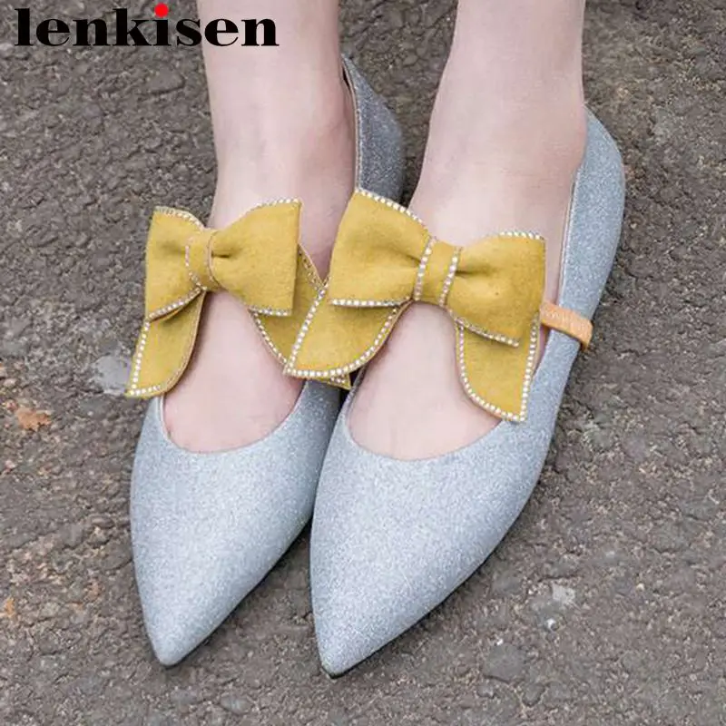 

Sweet Princess style oxford pointed toe slip on ballet shoes butterfly-knot decoration natural leather loafers casual shoes L06
