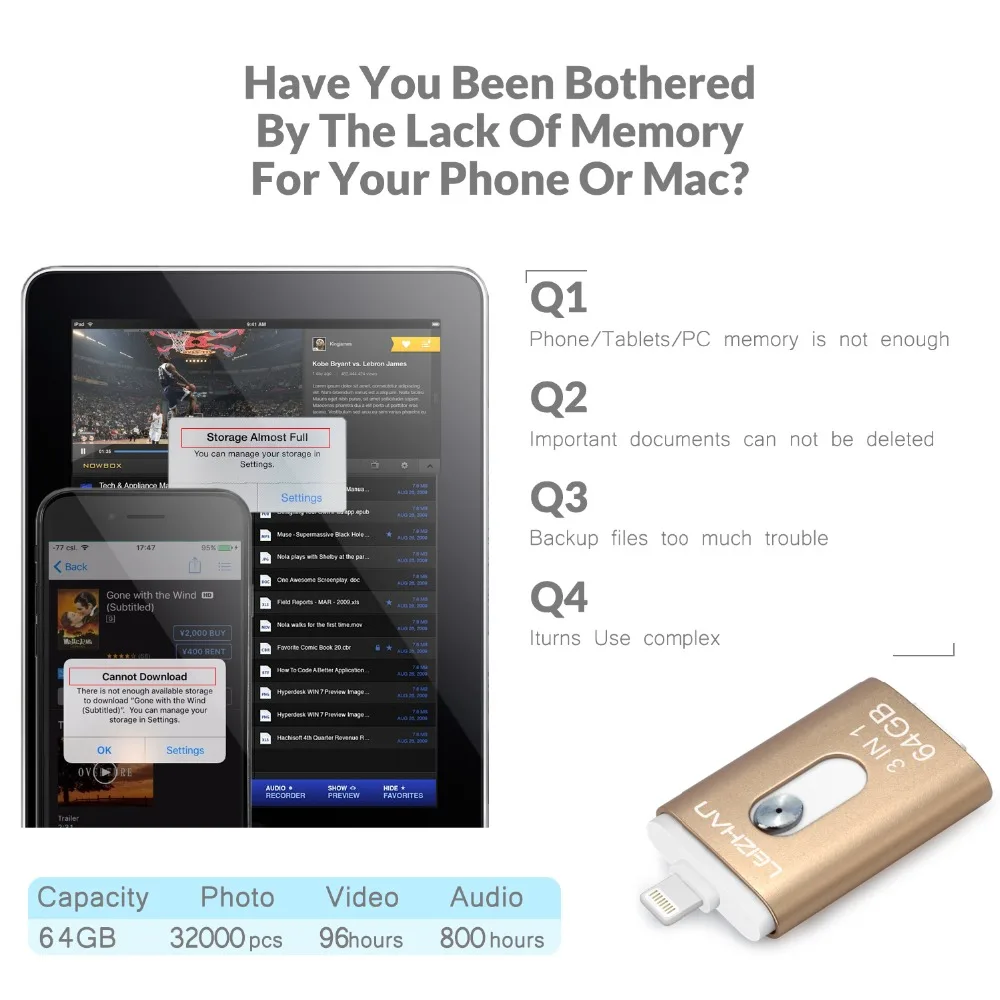 USB флеш накопитель LEIZHAN с разъемом lightning Micro 3 0 для iPhone металлический 64 ГБ 32 128 Android