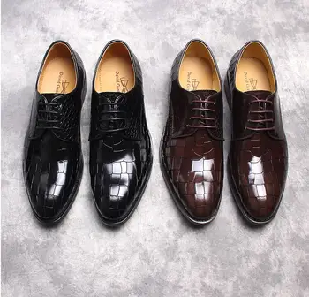 

Derby shoes men genuine patent leather alligator print lace up dress shoes plaid wedding smart casual male luxury oxfords
