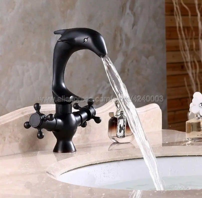 Oil Rubbed Bronze Dolphin Style Double Handle Basin Faucet Bathroom Single Hole Mixers Hot/Cold Water Mixer Tap Knf314