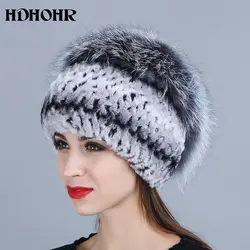 HDHOHR 2018 новый натуральный мех Шапки натурального меха кролика Rex Кепки Silver Fox меховой шапочки Шапки Для женщин зимние толстые теплые