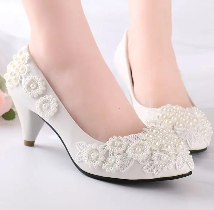 Pearls flower lace wedding shoes for women milk white light ivory ...