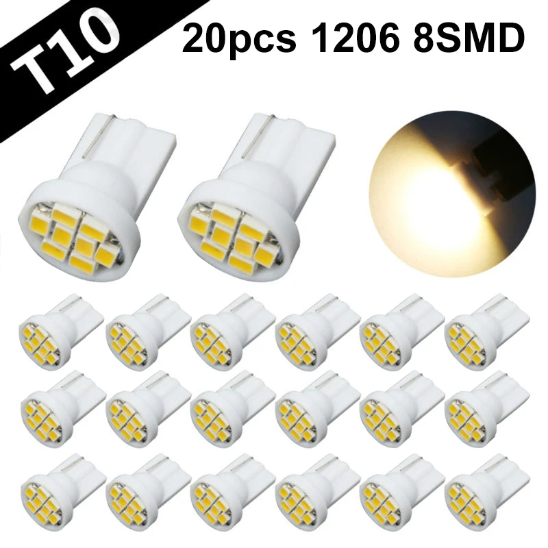 

20pcs T10 W5W LED 1206 3020 SMD 8 LED Bulbs Warm White 192 168 Auto Car Wedge Dome Side Marker License Plate Lights Trunk Lamps