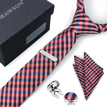 

2019 New Arrival HAWSON Multi-color Necktie for Men Send with Tie Clip Pocket Square & Button Cover Cuff Link in Gift Box