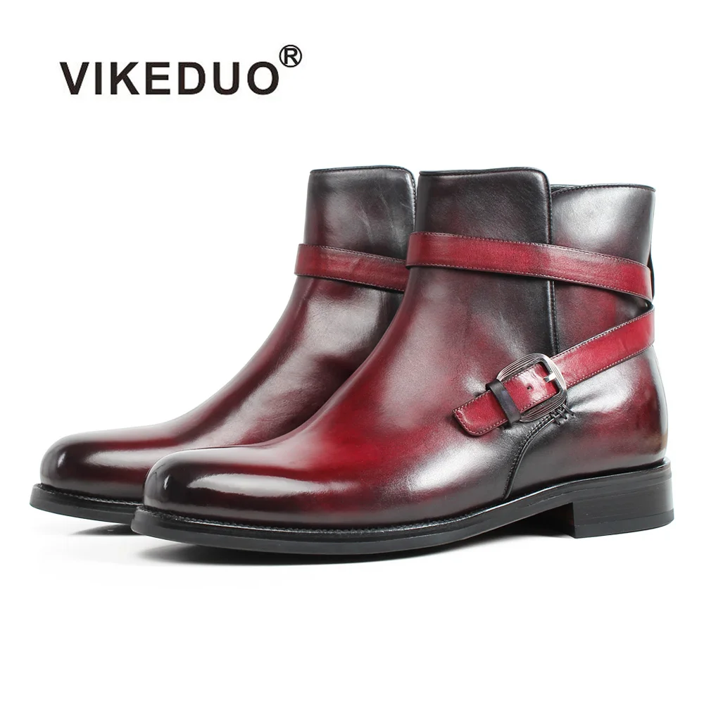 

VIKEDUO Autumn New Patina Blake Ankle Boots Genuine Leather Buckle Strap Bespoke Round Toe Male Boots Plus Size Handmade Botas
