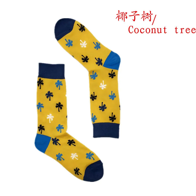 PEONFLY, мужские носки из чесаного хлопка, Харадзюку, уличные, хип-хоп, забавные, счастливые носки, цветные, с рисунком авокадо, длинные носки для мужчин - Цвет: coconut tree