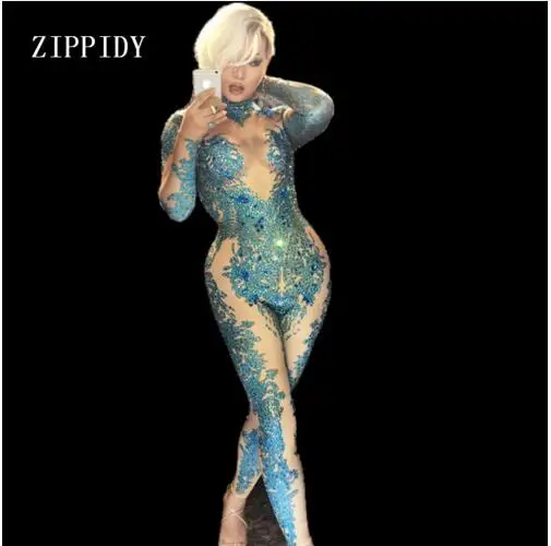 

Fashion Blue Stones Sparkly Jumpsuit women Sexy Stretch Dance Costume One-piece Bodysuit Nightclub Oufit Party Leggings
