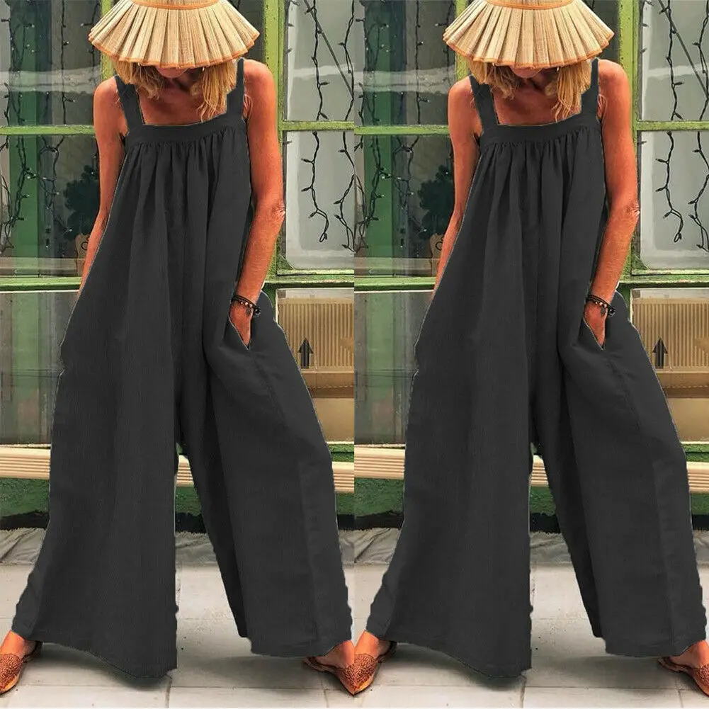 Women Loose Baggy Jumpsuit Dungarees Playsuit Romper Ladies Casual Wide Leg Trousers Summer Holiday Clothing - Color: Black