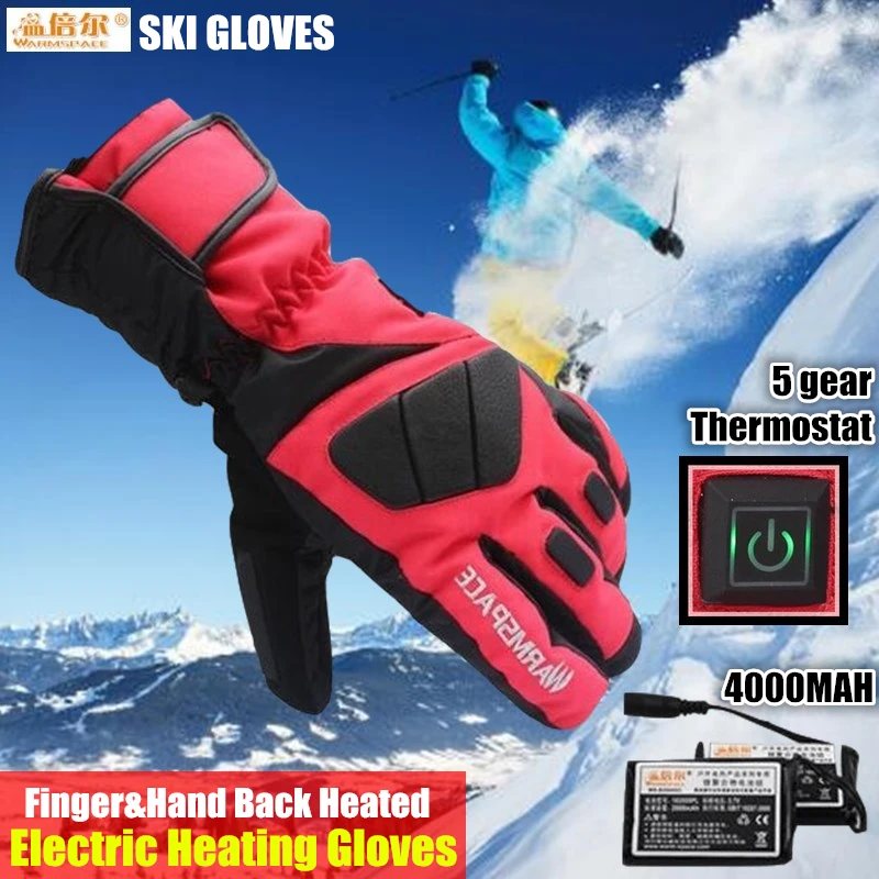 4000MAH Li-battery перчатки с электроподогревом, Пальчиковый/ручной отапливаемый, зимний теплый непродуваемый водонепроницаемый Goatskin смарт перчатки для катания на лыжах