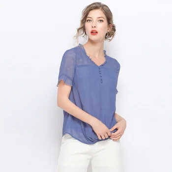 

2019 Summer Fashion ladies cute chiffon shirt casual blouse petal sleeves V neck buttons tops plus size oversized camisa L-5XL