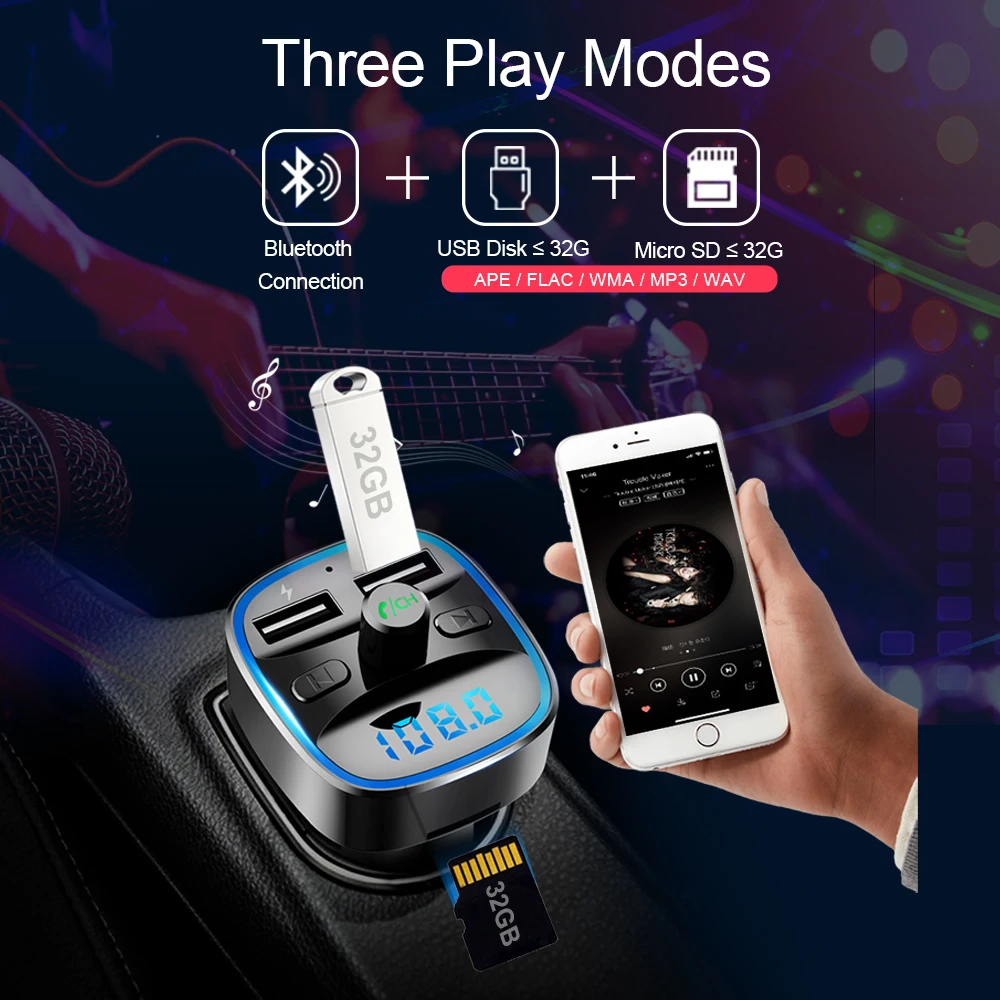CDEN Car MP3 Bluetooth5.0 FM Transmitter Car Charger U disk lossless music playback Bluetooth hands-free calling Voltage display