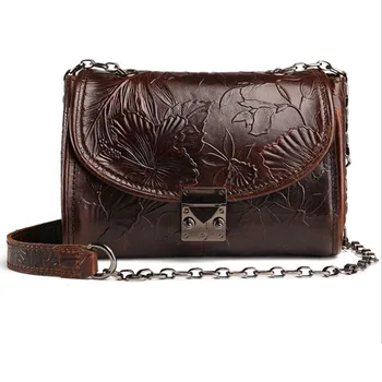 

New National Style Trend Women Oil Wax Genuine Leather Cowhide Embossed Casual Crossbody Famous Brand Messenge Shoulder Bags