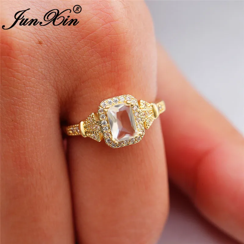 JUNXIN Boho квадратные Кристальные кольца из желтого золота для женщин белый циркон обручальные кольца женские винтажное Помолвочное кольцо ювелирные изделия