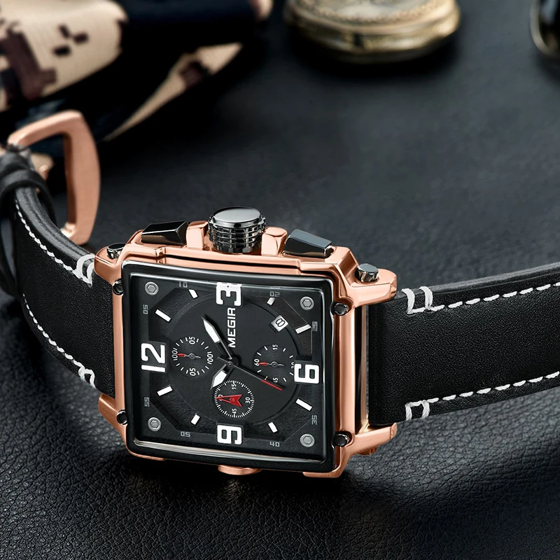 Billig Top Marke Luxus MEGIR Kreative Männer Uhr Chronograph Quarz Uhren Uhr Männer Leder Sport Army Military Armbanduhr Saat 2019