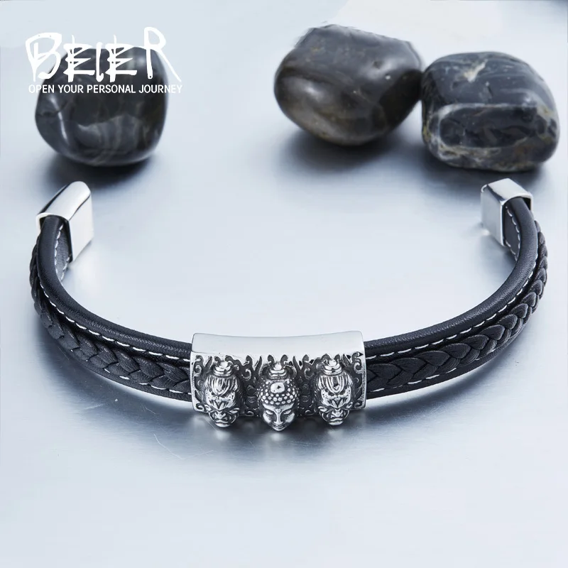 BEIER Wholesale Dropshipping Man's High Quality Genes Leather Simple Style 3 Buddha Bracelet Bangle For Man BC-L017