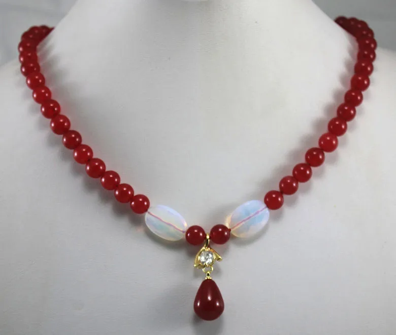 

wholesale new design 8mm red jade necklace +water drop jade crystal plated pendant fashion jewelry