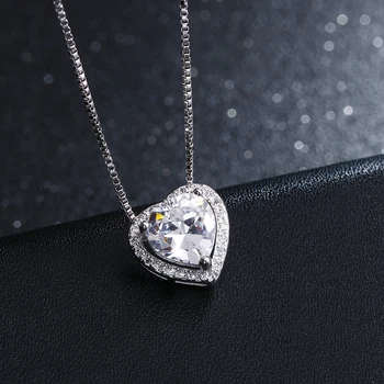 

100% 925 sterling silver shiny cz zircon romantic love heart ladies`pendant necklaces box chain jewelry women gift female cheap