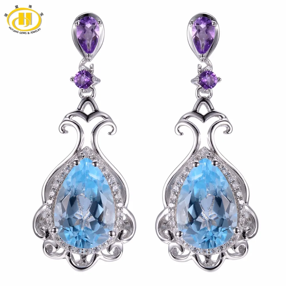 Hutang Vintage Style 6.78ct Natural Blue Topaz & Amethyst Solid 925 Sterling Silver Earrings Fine Jewelry For Women Luxury Gift Hutang Vintage Style 6.78ct Natural Blue Topaz & Amethyst Solid 925 Sterling Silver Earrings Fine Jewelry For Women Luxury Gift