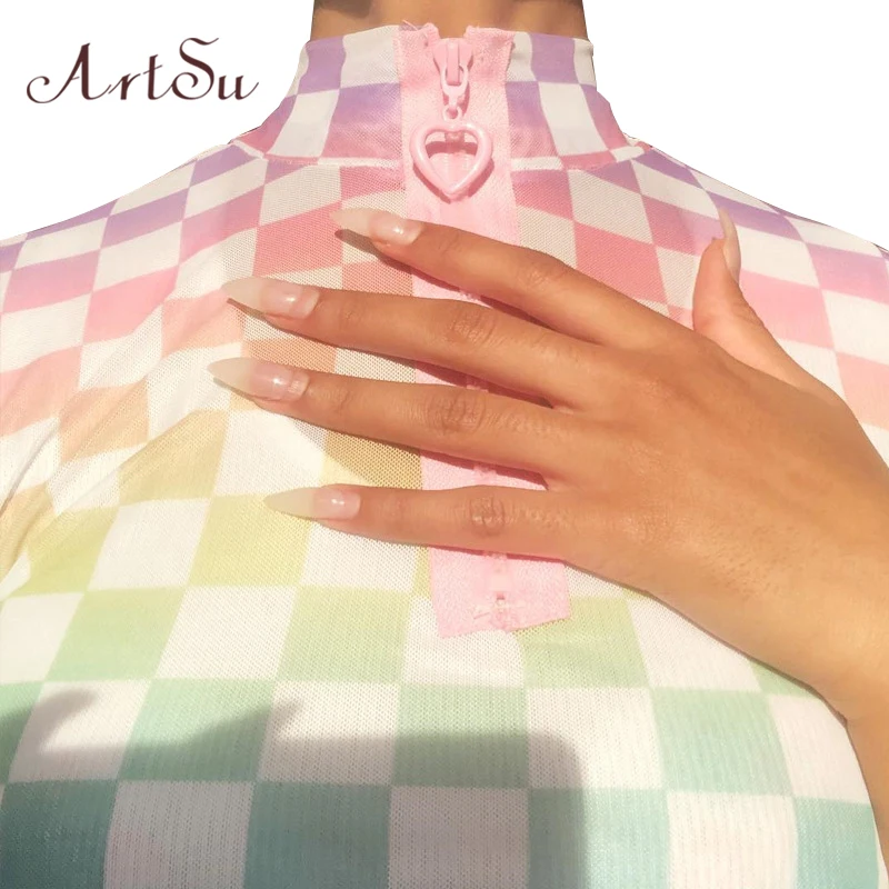 

ArtSu 2019 Colorful Checkerboard T-shirt Plaid Turtleneck Short Sleeve Tee Shirt Femme Funny Tshirts Women Fashion ASTS20653