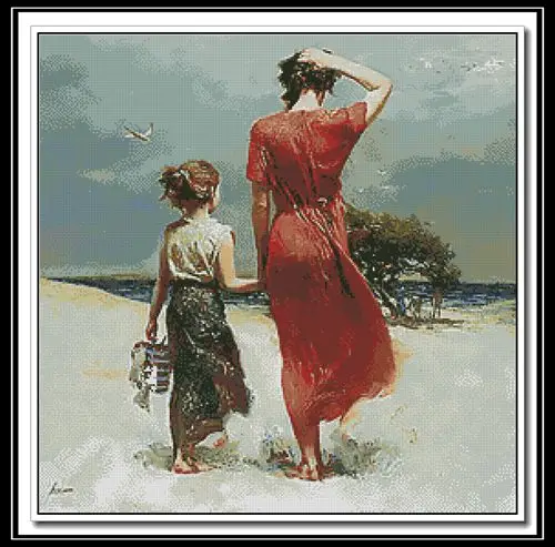 cs-2952 Cross Stitch Kit Mother and Daughter at Beach Vocation
