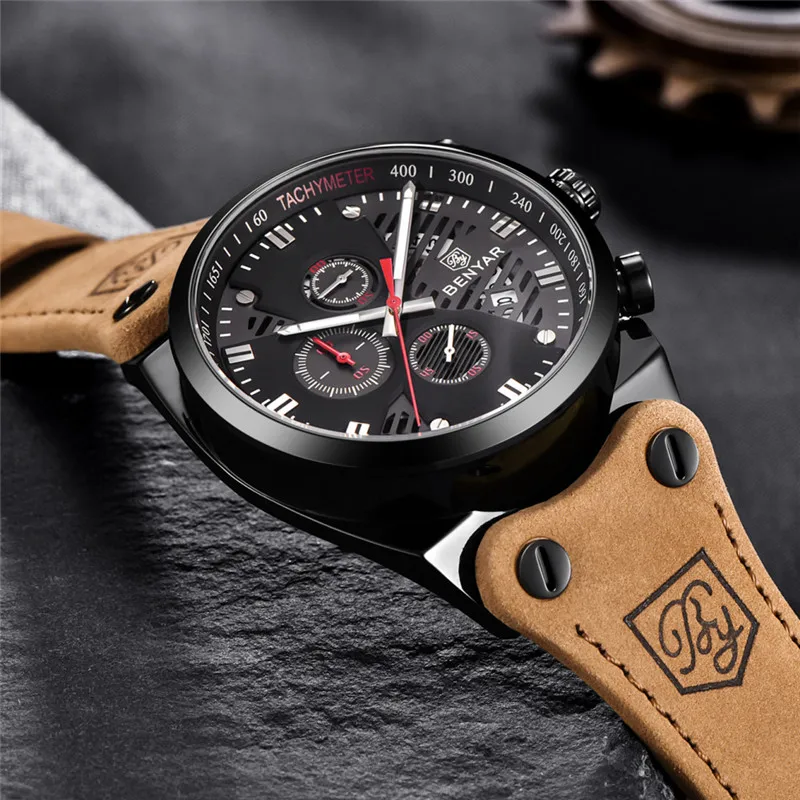 BENYAR Mens Watches Top Brand Luxury Quartz Watch Men Clock Leather Military Waterproof Sport Watch