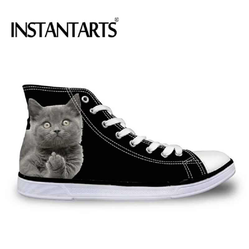 

INSTANTARTS Cute 3D Animal Middle Finger Cat/Kitten Print Woman Summer Black Canvas Shoes Brand High Top Lace Up Sneakers Girls