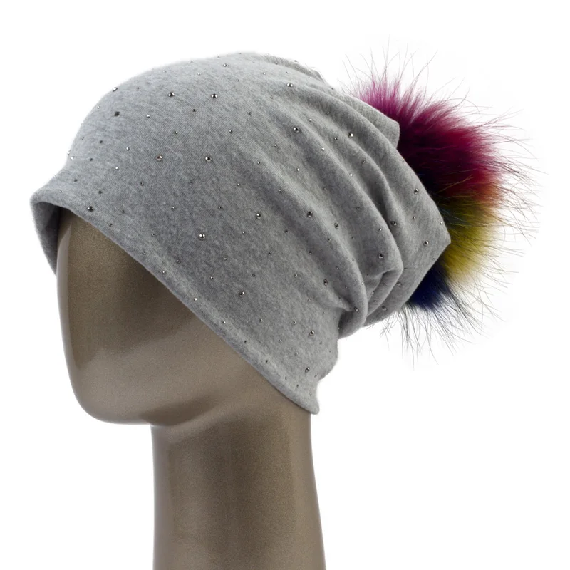 Light Grey C Geebro женские Стразы громоздкая шапочка с помпоном шляпа для женщин Простые цветные шапки женский помпон из меха енота череп - Цвет: Light Grey C