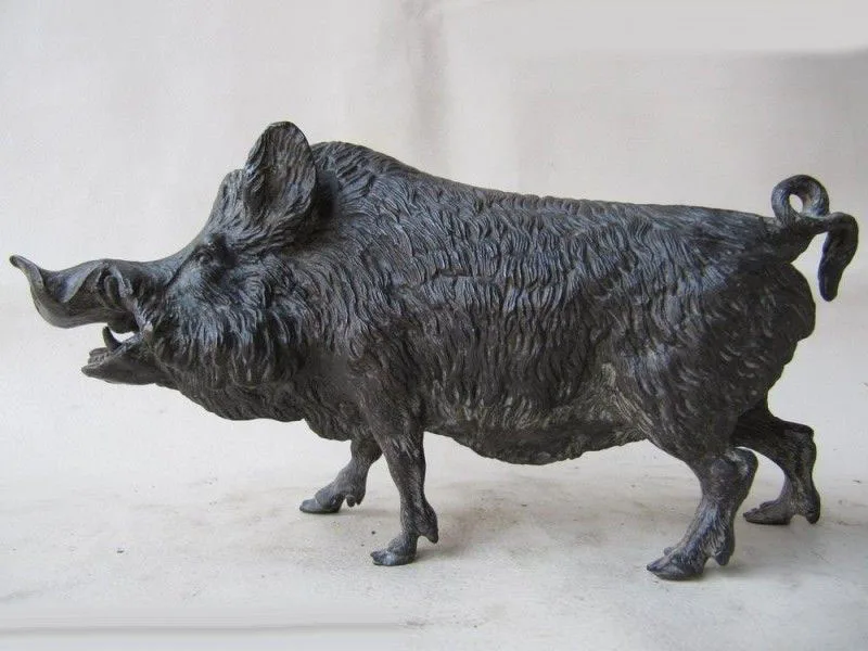 Chinese Folk classic 100 Pure Bronze Carved Fierce wild boar Pig