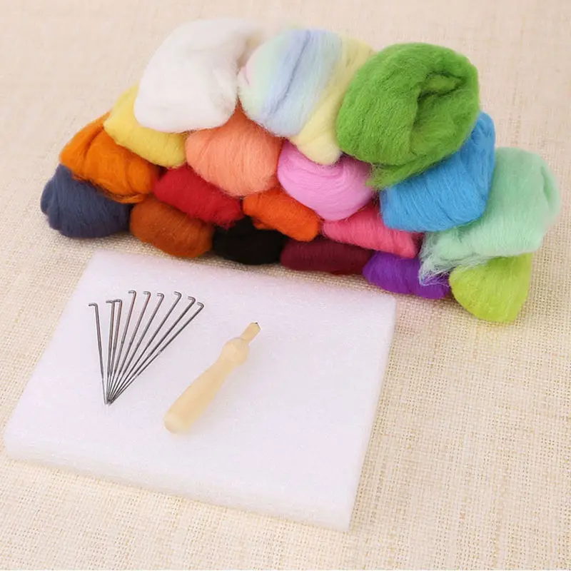 JX-LCLYL New 16 Colors Wool + 9 Needles Felting Handle Mat Set Starter DIY Tool Kit 