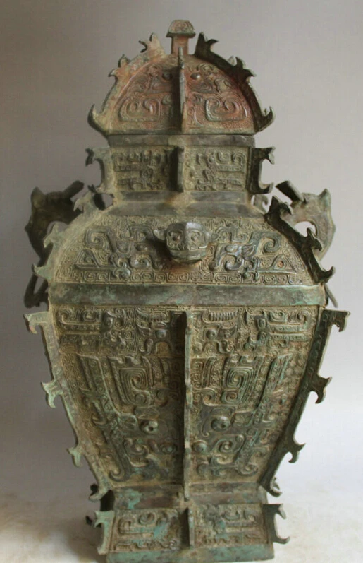 

Elegant old S5642 19" Old Chinese Bronze Folk square handle water food vessel kettle Pot Jar Crock statue (A0322) A0403