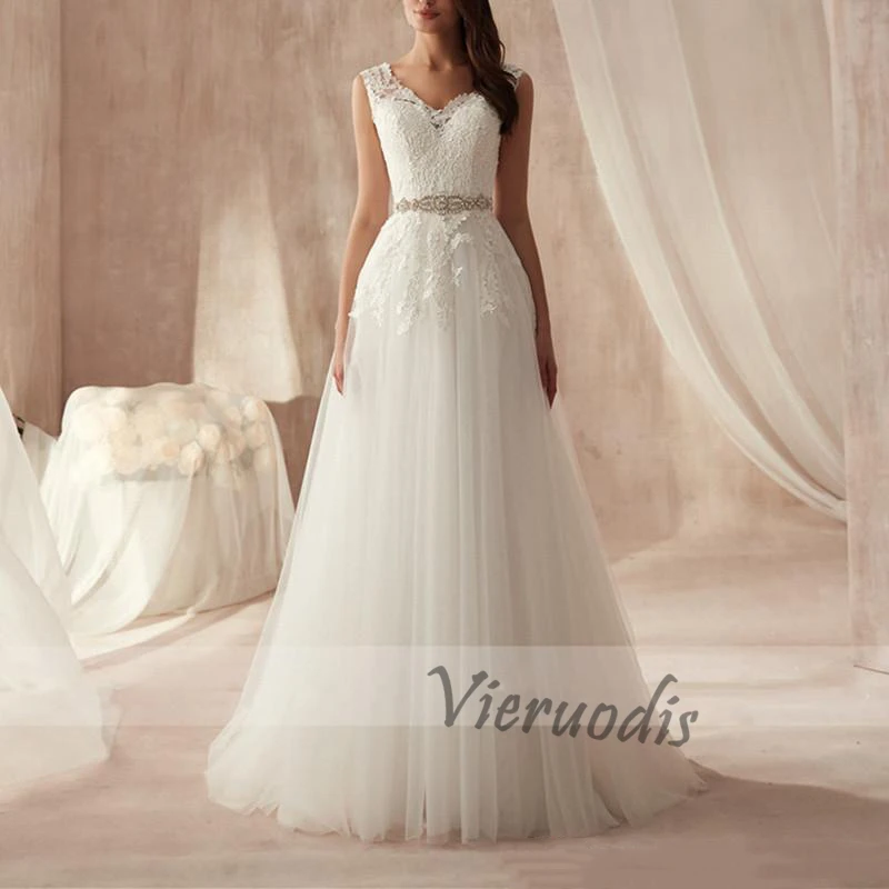 29-1           Simple White Lace Wedding Dresses 2019 Sexy V Neck A Line Bridal Dresses Backless Country Bridal Gowns Floor Length Boho Wedding Gowns