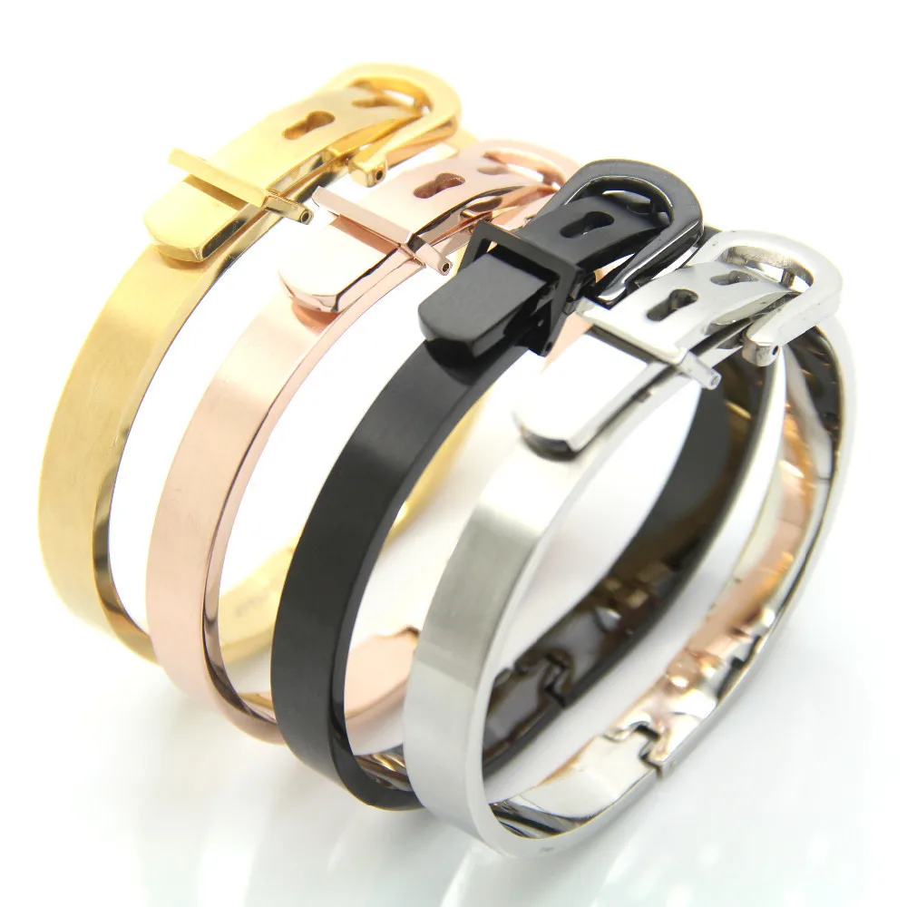 

2019 Titanium Stainless Steel Belt Buckle Bangles Bracelets for Women Gold Color Punk Cuff Bracelet Wristband Men H Bangle