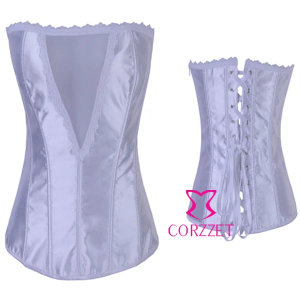 

Women Corsets Overbust Transparent V Mesh and Satin Sexy Bustier Crop Top Bridal Corset White Zipper Corselet Espartilho