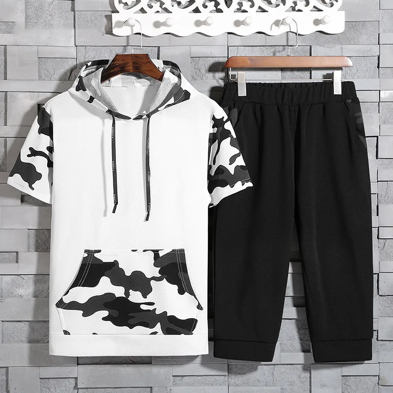 

(T-shirt + shorts) 2019 Summer Camouflage Mens Short Sleeve T-Shirts Beach Shorts Men Set of t-Shirts and Shorts size M-3XL